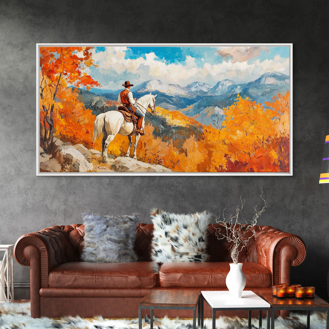 Cowboy on autumn swing, Framed Canvas Print, rustic Western art with vibrant fall, tall framed canvas print autumn decor farmhouse wall art