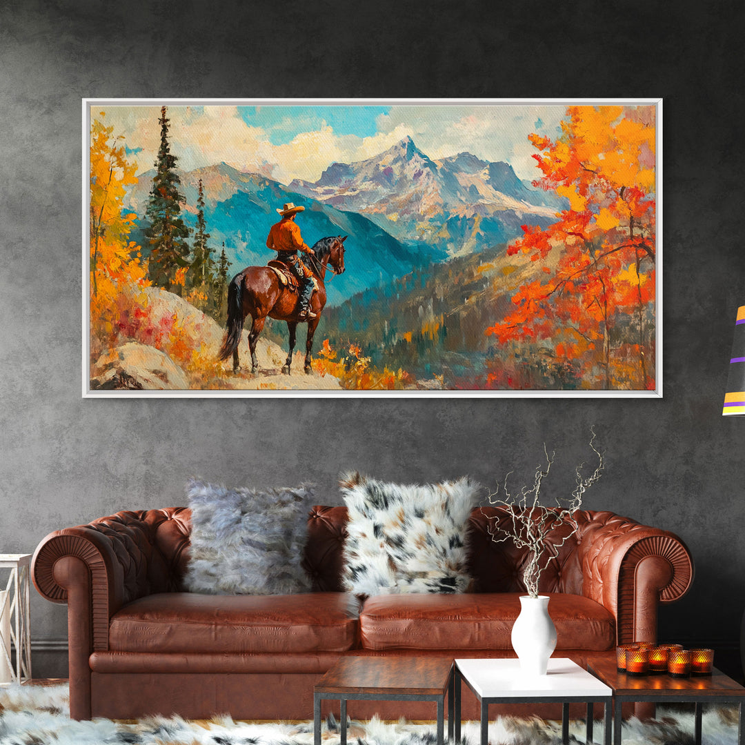 Female cowboy in fall forest, Framed Canvas Print, tall striking artwork rustic or modern farmhouse seasonal wall art