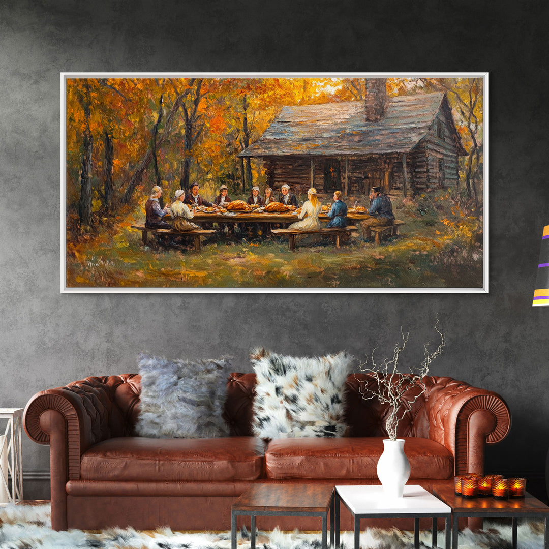 Thanksgiving Dinner With Family At Rustic Cabin, Cozy Fall Harvest Scene Wall Art, Warm Autumn Framed Canvas Print, Country Decor