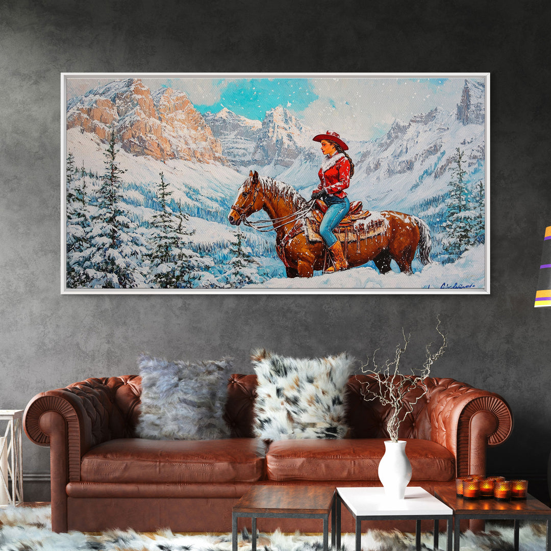 The Rider, Winter Cowgirl Framed Canvas Print, Farmhouse Western Decor, rustic winter wall art for holiday or seasonal decor