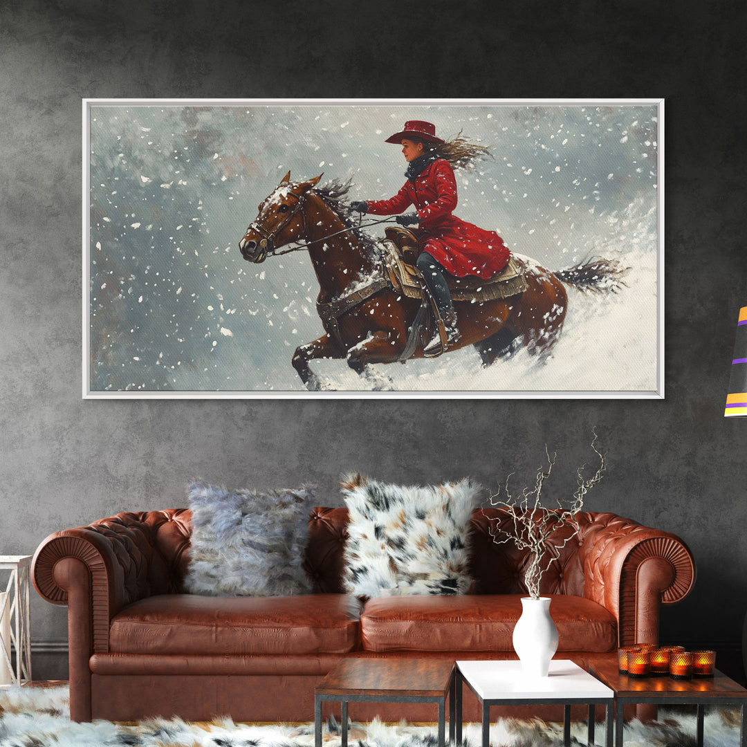 Rider In The Snow, Framed Canvas Print, Winter Wall Art, Rustic Western Decor, Primitive Home Decor, Rustic Farmhouse Art