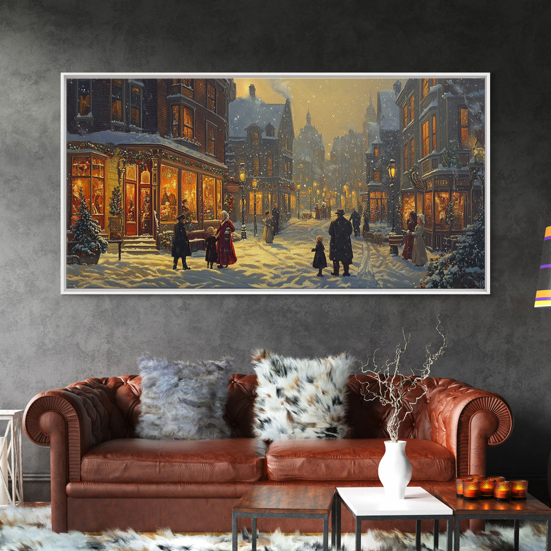 Victorian Christmas Street Scene With Families Shopping, Cozy Winter Wonderland Wall Art, Framed Canvas Print, Vintage Christmas Decor