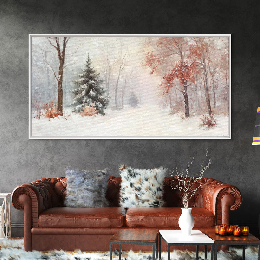 Winter In The Forest, Snowy Landscape Painting, Winter Art, Framed Canvas Print, nostalgic fall festival art for cozy seasonal home decor