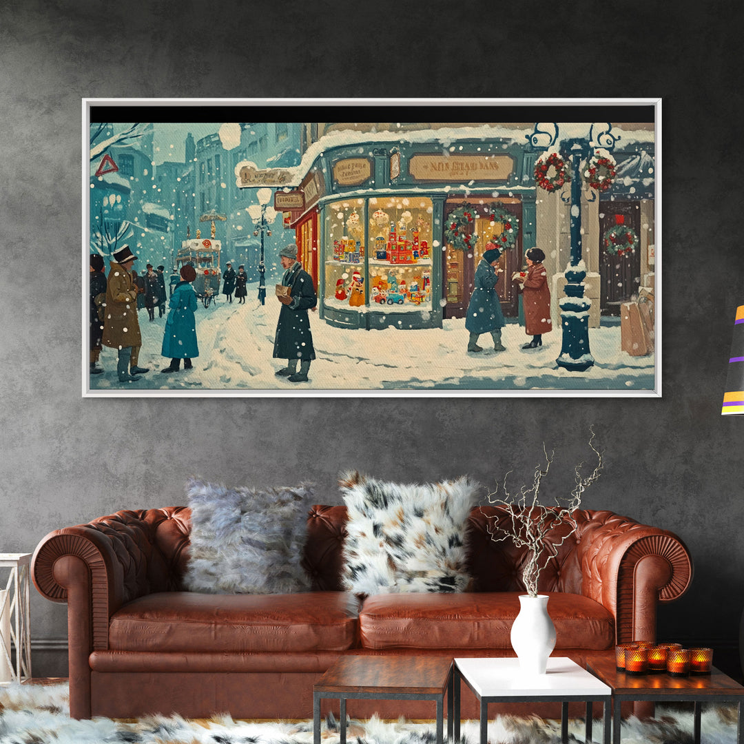 Vintage Christmas Street Framed Canvas Print, Victorian Christmas Decor, Winter Scene Art, Christmas Home Decor, Holiday Wall Art Gift