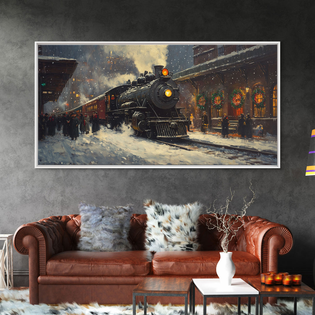 Winter Train Station Framed Canvas Print, Snowy Christmas Scene, Vintage Holiday Decor, Christmas Home Decor, Trendy Christmas Art