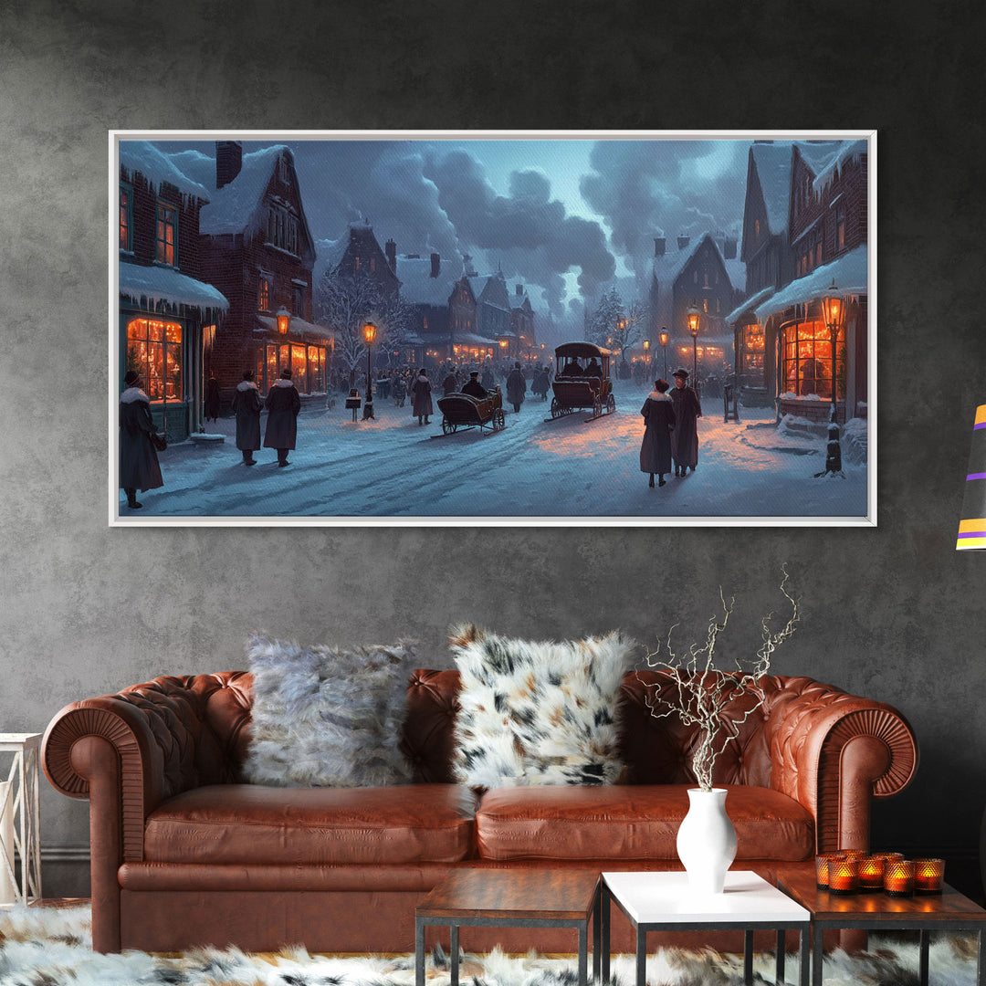 Victorian Winter Street Framed Canvas Print, Christmas Village Scene, Holiday Decor, Vintage Christmas Home Decor, Christmas Wall Art Gift