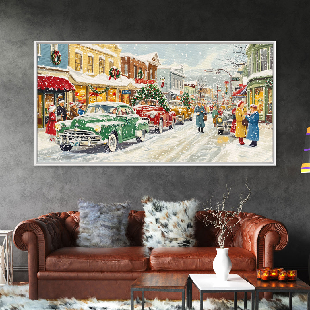 Festive Small Town Framed Canvas Print, Retro Christmas Village Scene, Vintage Christmas Decor, Christmas Vacation Art, Holiday Wall Art