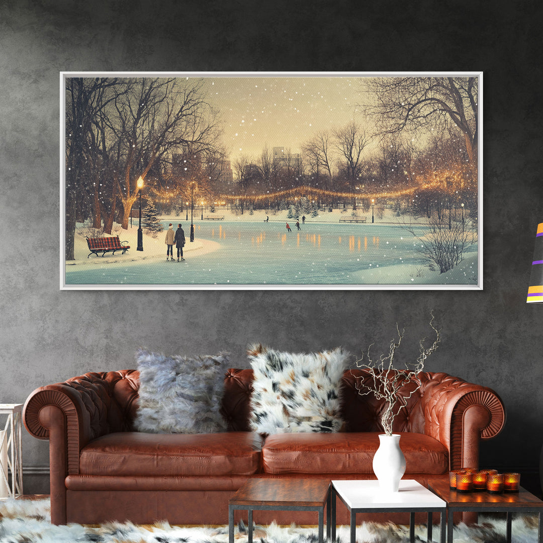 Snowy Ice Skating Framed Canvas Print, Winter Wonderland Scene Art, Vintage Christmas Decor, Christmas Vacation Art, Best Holiday Wall Art