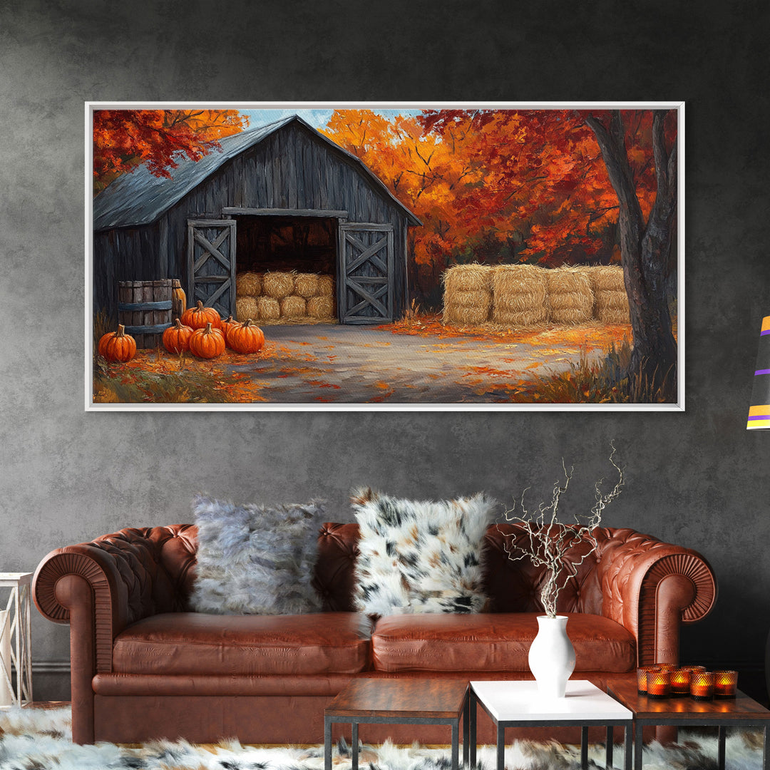 Fall Barnyard with Pumpkins Framed Canvas Print Farmhouse Decor, Fall Art Print, Rustic Home Decor, Seasonal Gift Wall Art