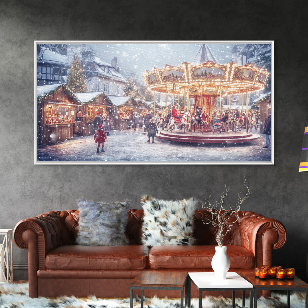 Festive Christmas Carousel Framed Canvas Print - Vintage Christmas Wall Art and Holiday Scene Decor with Christmas Characters