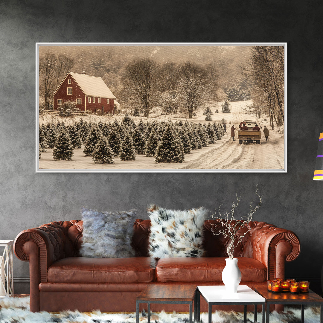 Snowy Farmhouse Christmas Tree Framed Canvas Print - Country Christmas Decor with Rustic Vintage Charm and Holiday Wall Art