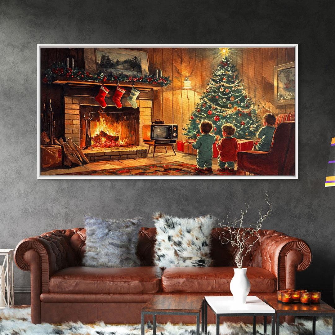 Vintage Christmas living room scene with fireplace and children, 2024 Christmas home decor, framed canvas print, vintage Christmas wall art