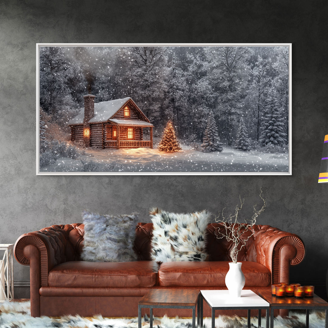 Winter cabin with Christmas tree outdoor decor, snowy landscape art, framed canvas print, winter wonderland wall art, holiday decor