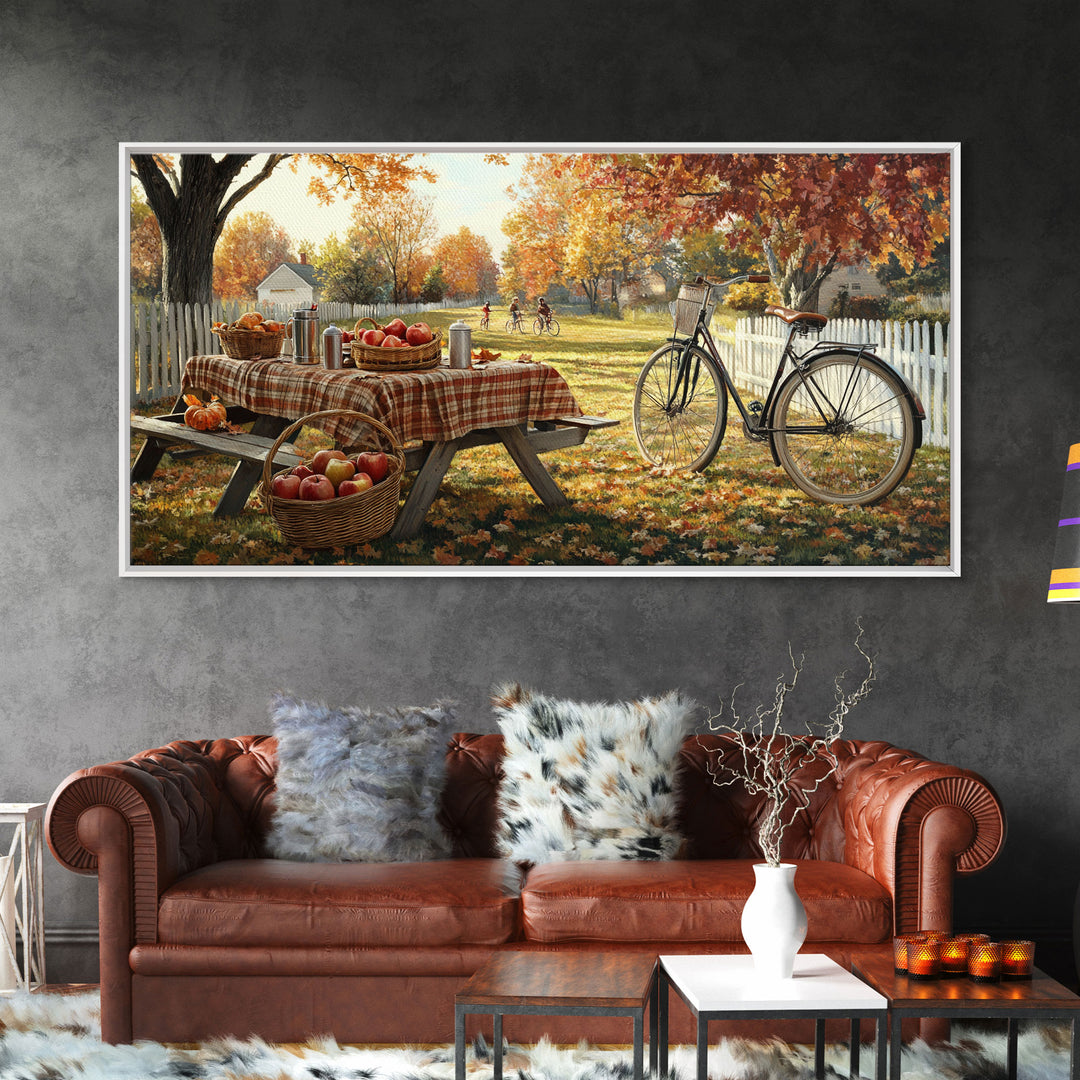 Autumn picnic with apples and plaid tablecloth, fall farmhouse decor, canvas print, country autumn art, autumn wall decor