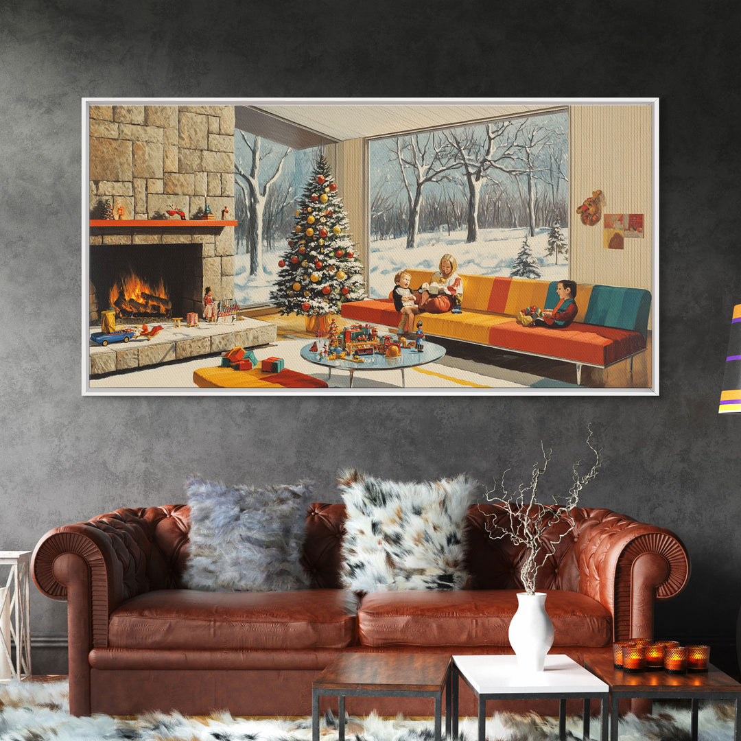 Mid century modern Christmas scene with fireplace and tree, retro Christmas decor, framed canvas print, 1960s Christmas home decor