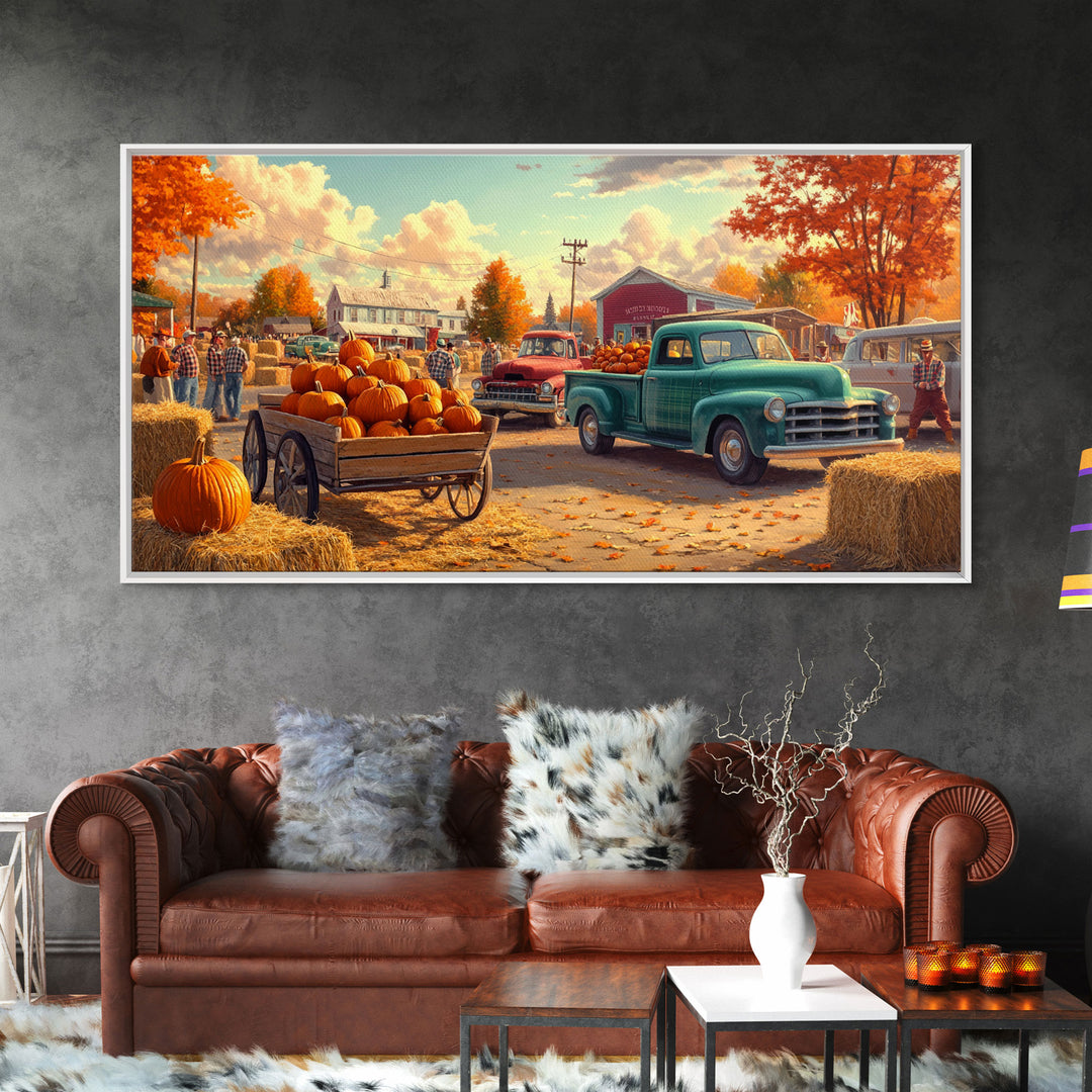 Fall pumpkin harvest with vintage trucks, country autumn decor, canvas print, fall farmhouse wall art, seasonal decor