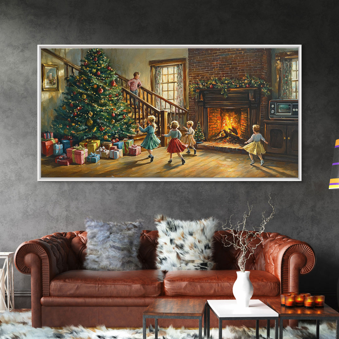 Vintage Christmas living room with fireplace and tree, children and presents, framed canvas print, Christmas decor, holiday wall art