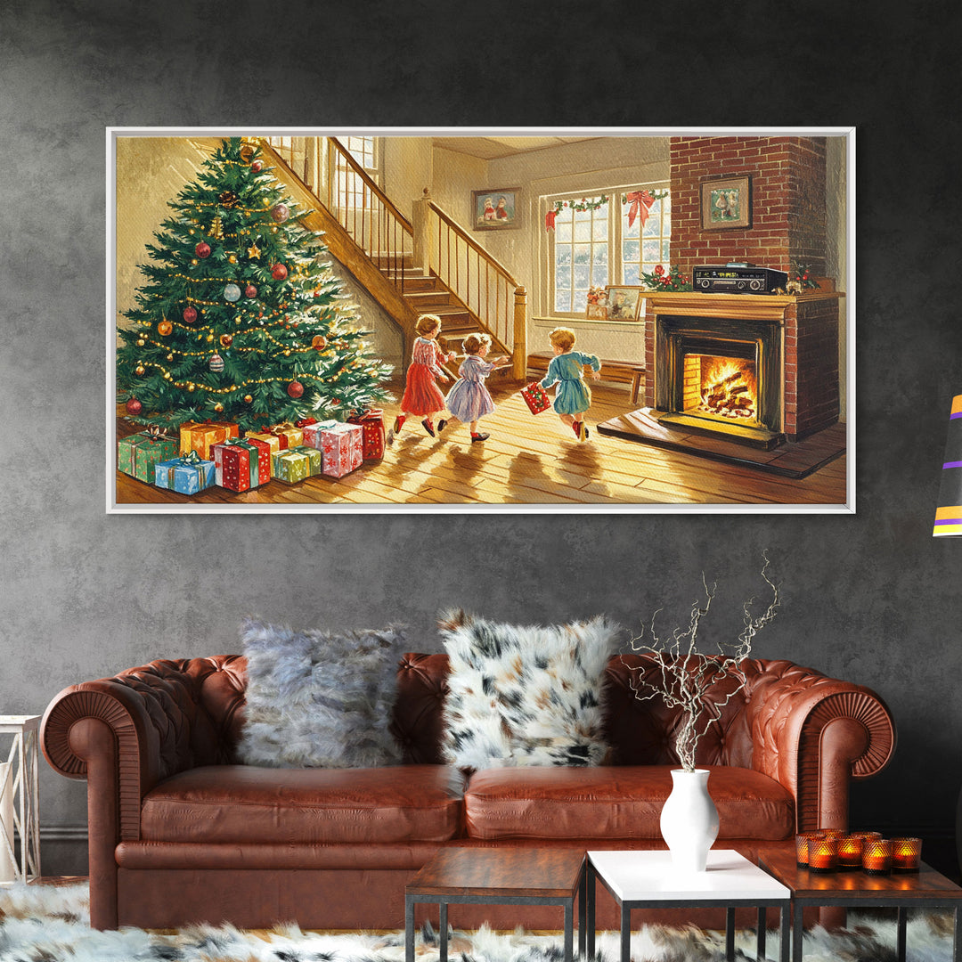 Cozy Christmas living room scene with tree and presents, vintage holiday decor, canvas print, Christmas wall art, Christmas decor