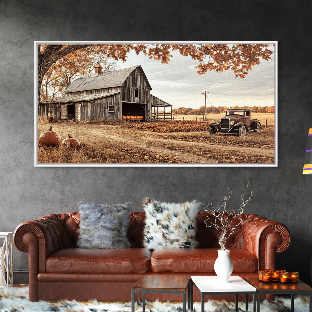 Farmhouse Autumn Decor Framed Canvas Print with Rustic Truck and Barn, Fall Country Art Wall Decor, Pumpkin Harvest Gift Idea Seasonal Decor