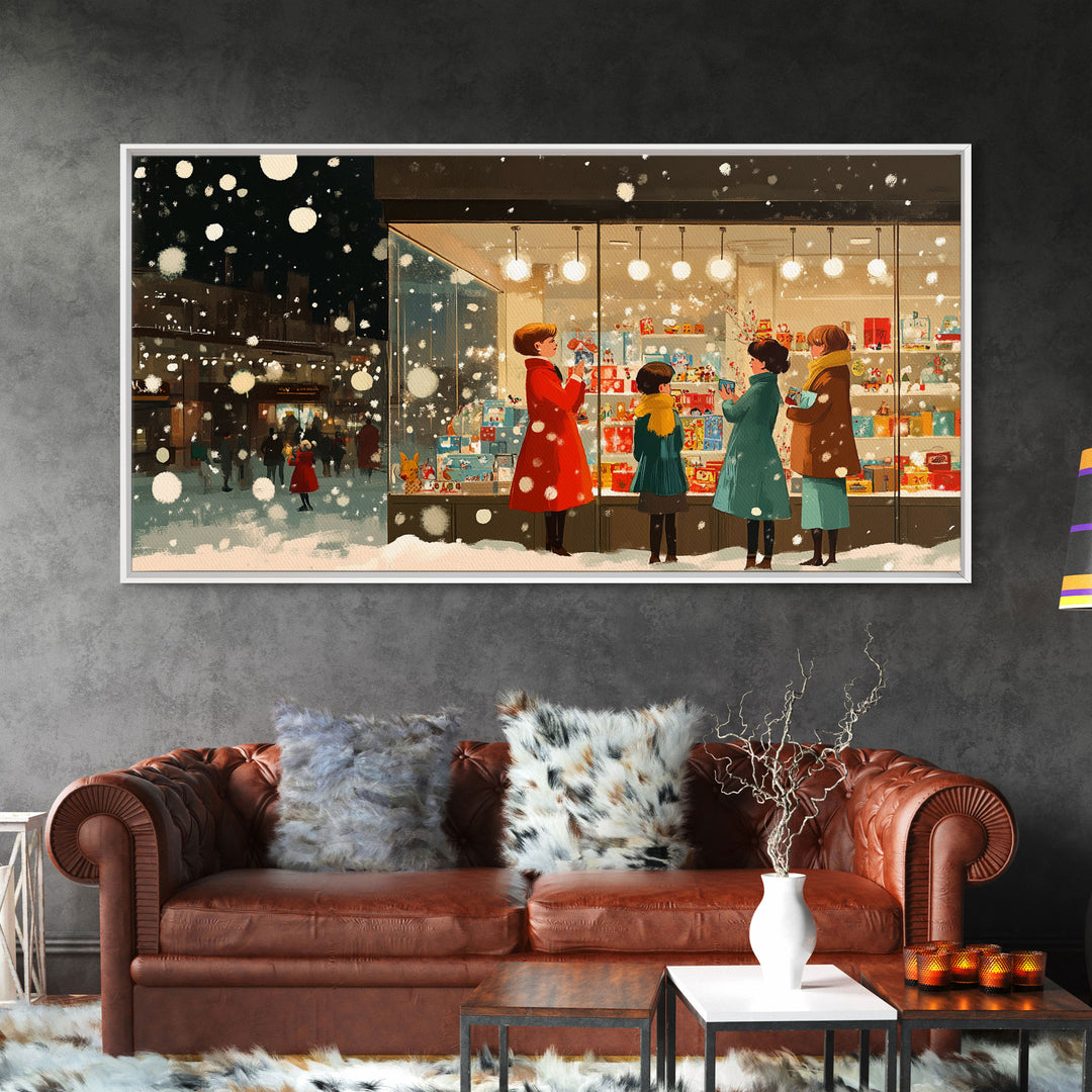 Christmas Window Shopping Scene Framed Canvas Print, Nostalgic Winter Holiday Wall Art Decor, Best Christmas Gift Idea, City Christmas Decor