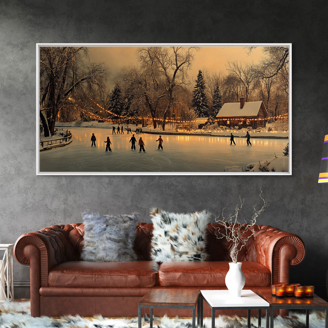 Winter Wonderland Ice Skating Framed Canvas Print, Rustic Christmas Art, Holiday Scene Wall Decor, Best Christmas Gift, Winter Landscape Art