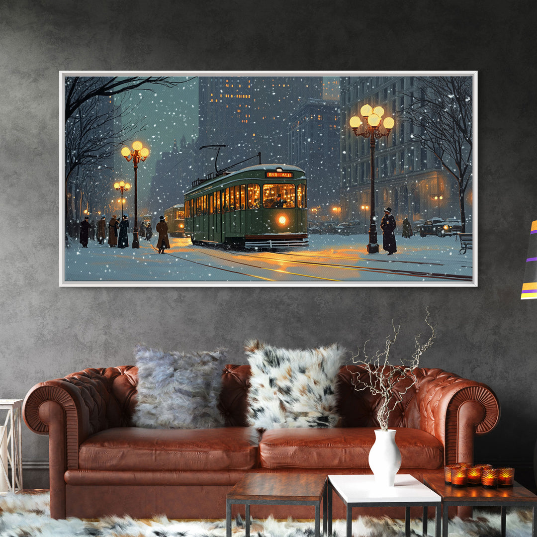 Vintage Christmas Street Scene Framed Canvas Print, City Tram Holiday Art, Christmas Wall Art Gift Idea, Holiday Season Decor, Wall Decor