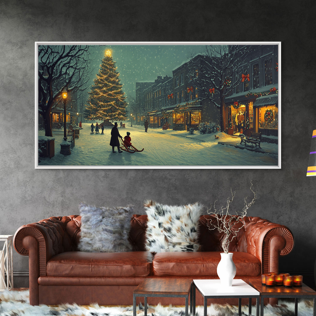 Christmas Village Tree Lighting Framed Canvas Print, Nostalgic Winter Holiday Art, Vintage Wall Art Scene, Best Gift Idea Christmas Decor