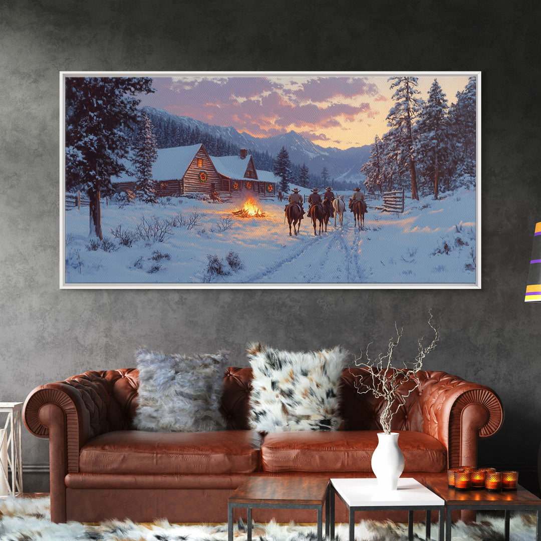 Cowboys and Log Cabin Winter Christmas Framed Canvas Print, Rustic Mountain Holiday Scene Art, Best Christmas Gift Idea, Winter Decor