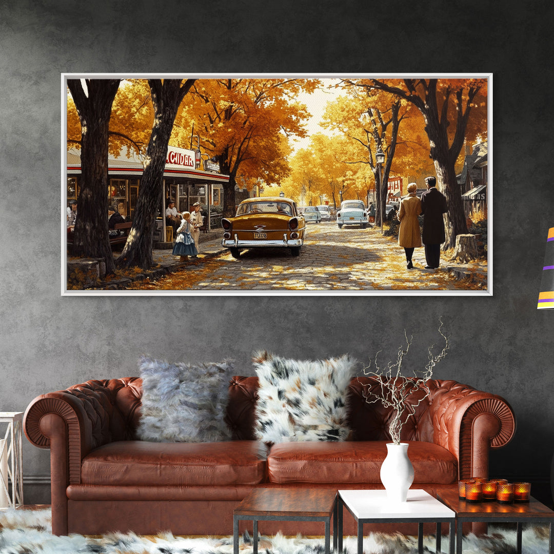 Retro Autumn Village Scene Framed Canvas Print, Cozy Fall Farmhouse Wall Art, Decor Gift Idea, Vintage Country Town Art, Best Fall Gift