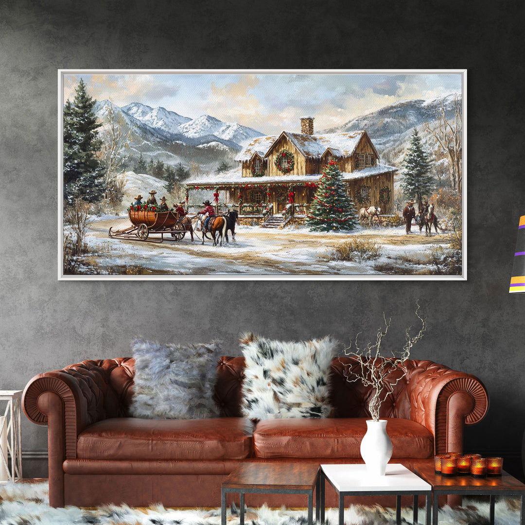 Mountain Log Cabin Christmas Framed Canvas Print, Rustic Holiday Winter Scene, Best Gift Christmas Wall Art, Vintage Holiday Decor Ideas