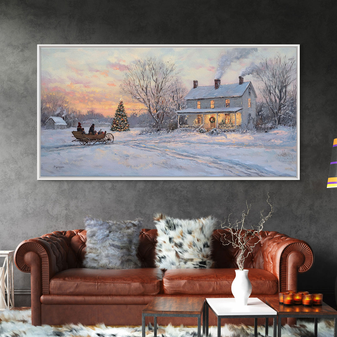 Horse Drawn Sleigh Ride Framed Canvas Print, Winter Wonderland Christmas Scene Art, Vintage Farmhouse Christmas Wall Art Gift Idea