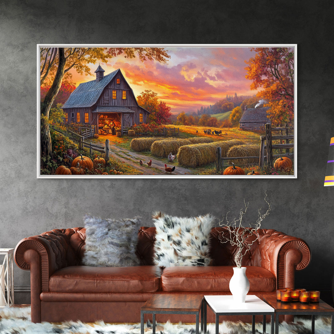 Cozy Barn at Sunset Framed Canvas Print, Fall Harvest Wall Art, Country Farmhouse Autumn Decor, Seasonal Gift Idea Best Fall Wall Art