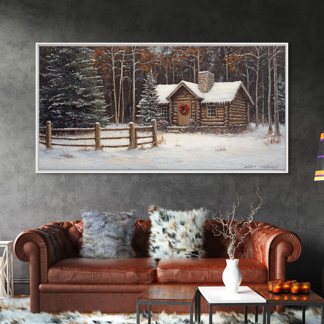 Snowy Log Cabin Christmas Framed Canvas Print, Rustic Winter Wonderland Art, Cozy Holiday Decor, Best Gift Christmas Wall Art