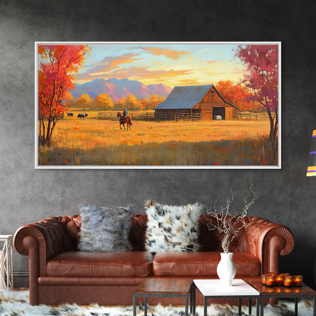 Autumn Cowboy Farm Framed Canvas Print, Cozy Fall Farmhouse Wall Art, Country Western Landscape Decor, Best Gift Seasonal Wall Art