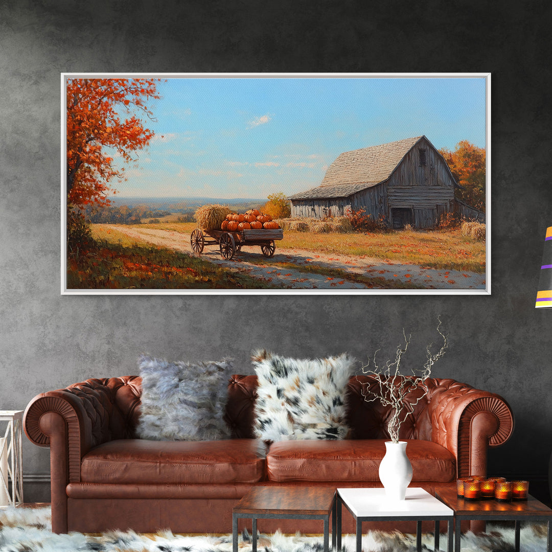 Rustic Barn with Pumpkins Framed Canvas Print, Cozy Fall Farmhouse Decor, Country Autumn Harvest Art, Seasonal Wall Art Gift Idea