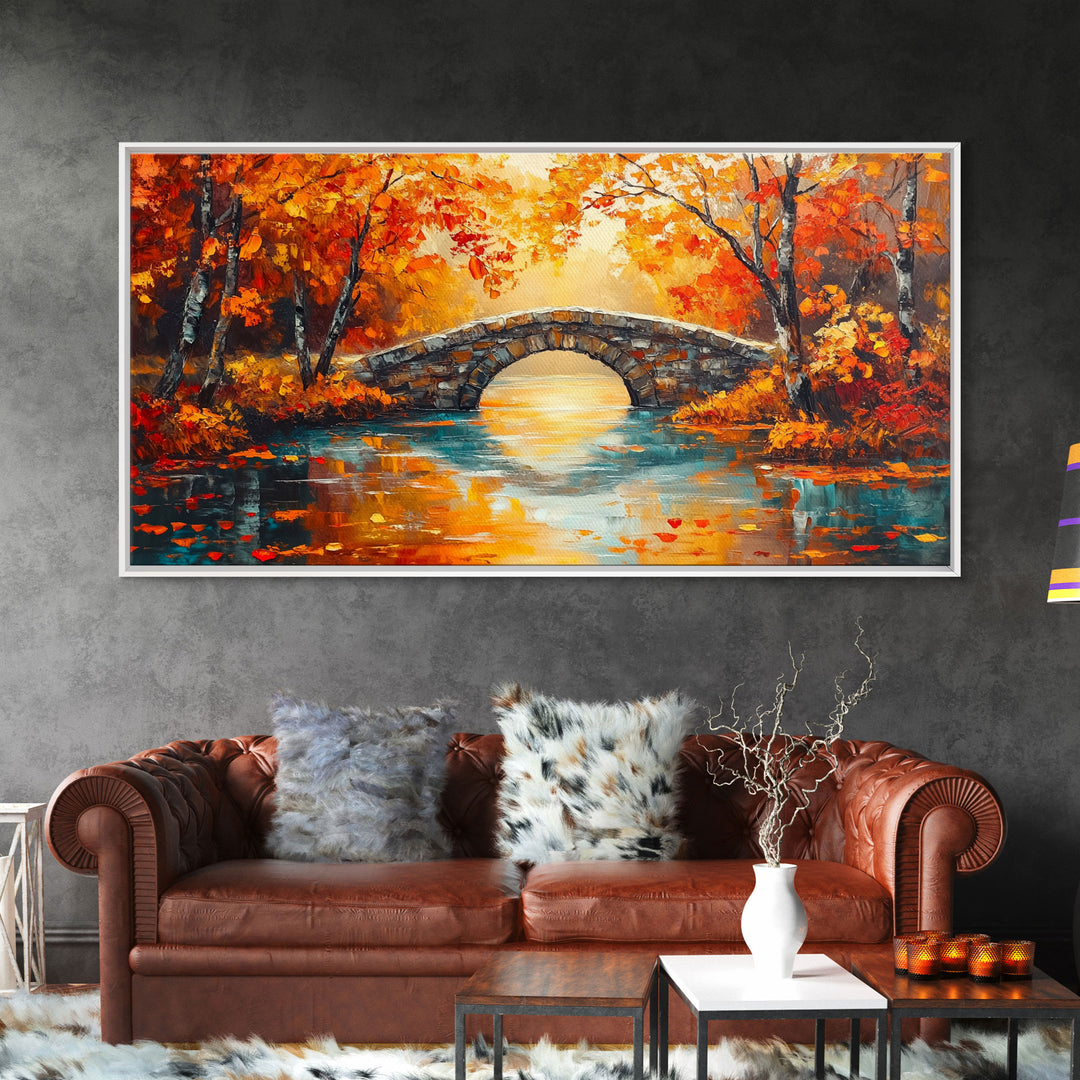 Stone Bridge in Autumn Framed Canvas Print, Colorful Fall Landscape Art, Seasonal Wall Decor, Best Gift Idea for Fall Farmhouse Decor