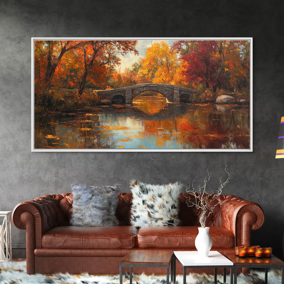 Scenic Autumn Bridge Framed Canvas Print, Cozy Fall Landscape Wall Art, Country Farmhouse Autumn Decor, Best Seasonal Gift Idea