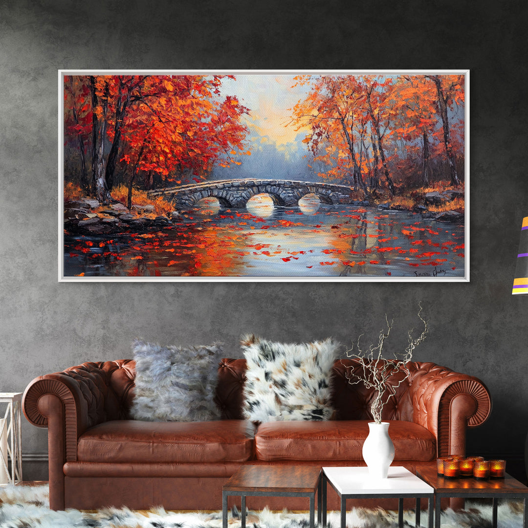 Autumn River Bridge Framed Canvas Print, Colorful Fall Landscape Wall Art, Cozy Seasonal Decor, Best Gift Idea for Farmhouse Wall Art