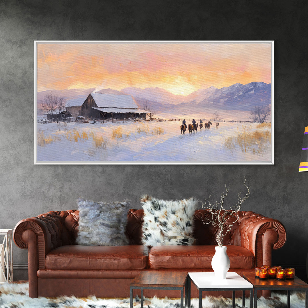 Snowy Farmhouse Sunset Framed Canvas Print, Winter Mountain Landscape Art, Rustic Country Christmas Decor, Best Winter Wall Art Gift