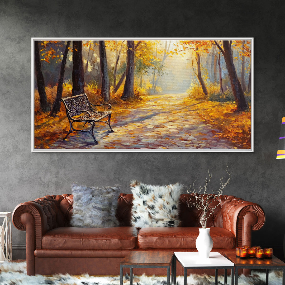 Autumn Path Bench Framed Canvas Print, Serene Fall Landscape Wall Art, Cozy Farmhouse Decor, Seasonal Wall Art Gift Idea