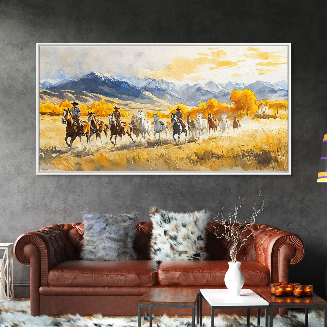 Western Cowboy Horse Drive Framed Canvas Print, Autumn Mountain Landscape with Riders and Horses in Golden Fall Light Wall Art