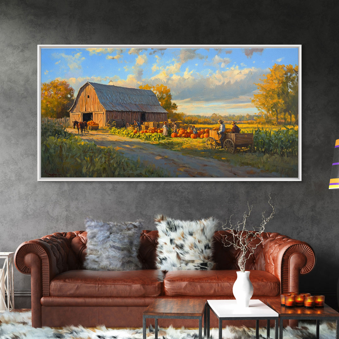 Picturesque Autumn Barn Harvest Scene Framed Canvas Print Farmhouse Art, Fall Harvest Scene Art Print, Rustic Wall Decor for Fall Season