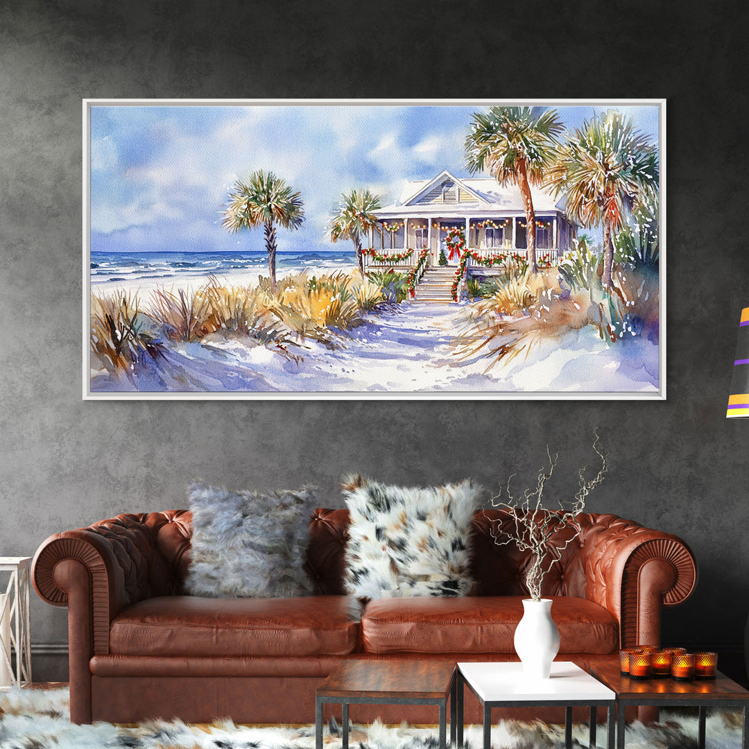 Snowy tropical Christmas decor scene, Framed Canvas Print beach house wreath and holiday lights, winter coastal home decor Christmas art