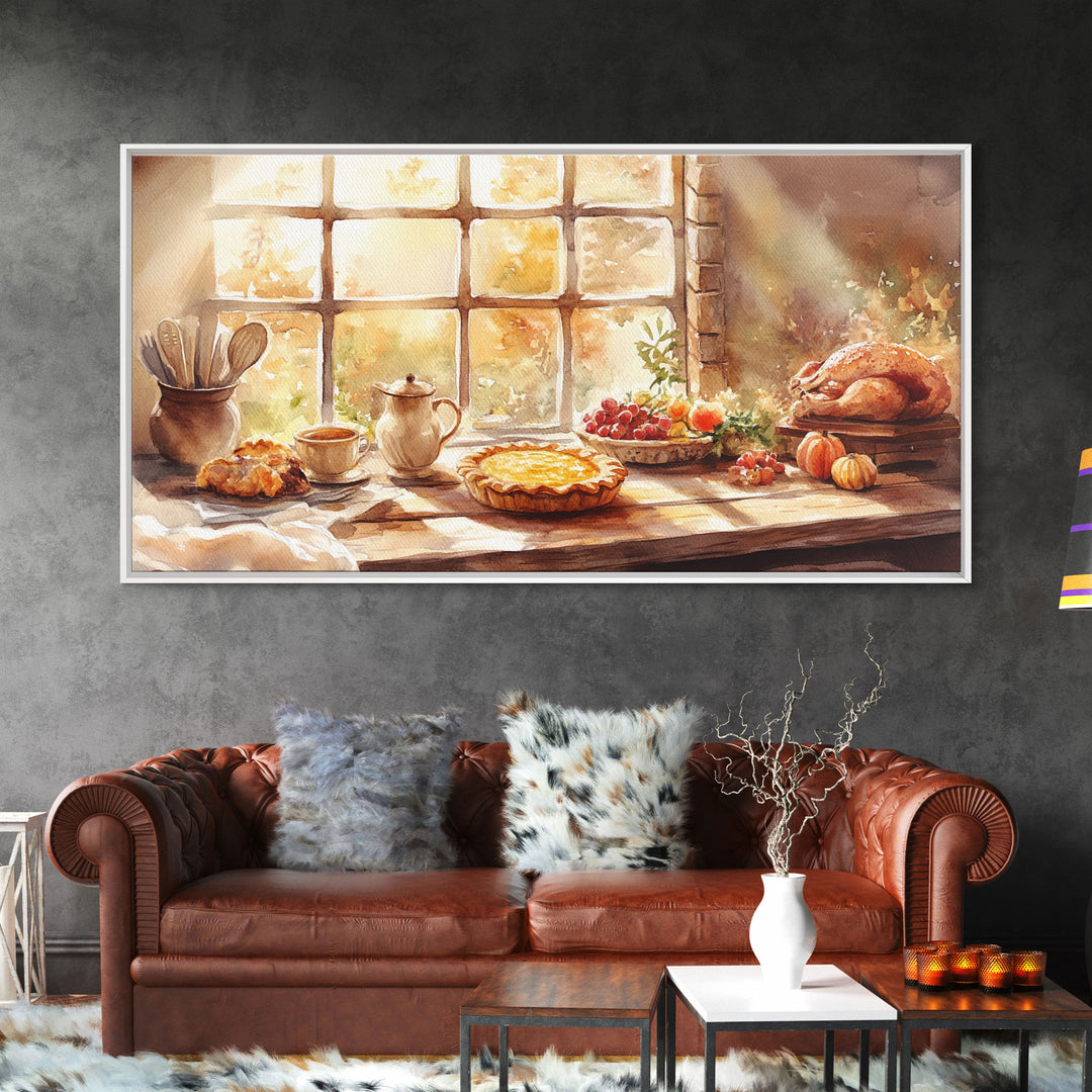 Thanksgiving table scene with food, pies and fall decor, Framed Canvas Print with pumpkins sunlight, autumn harvest home wall art and decor