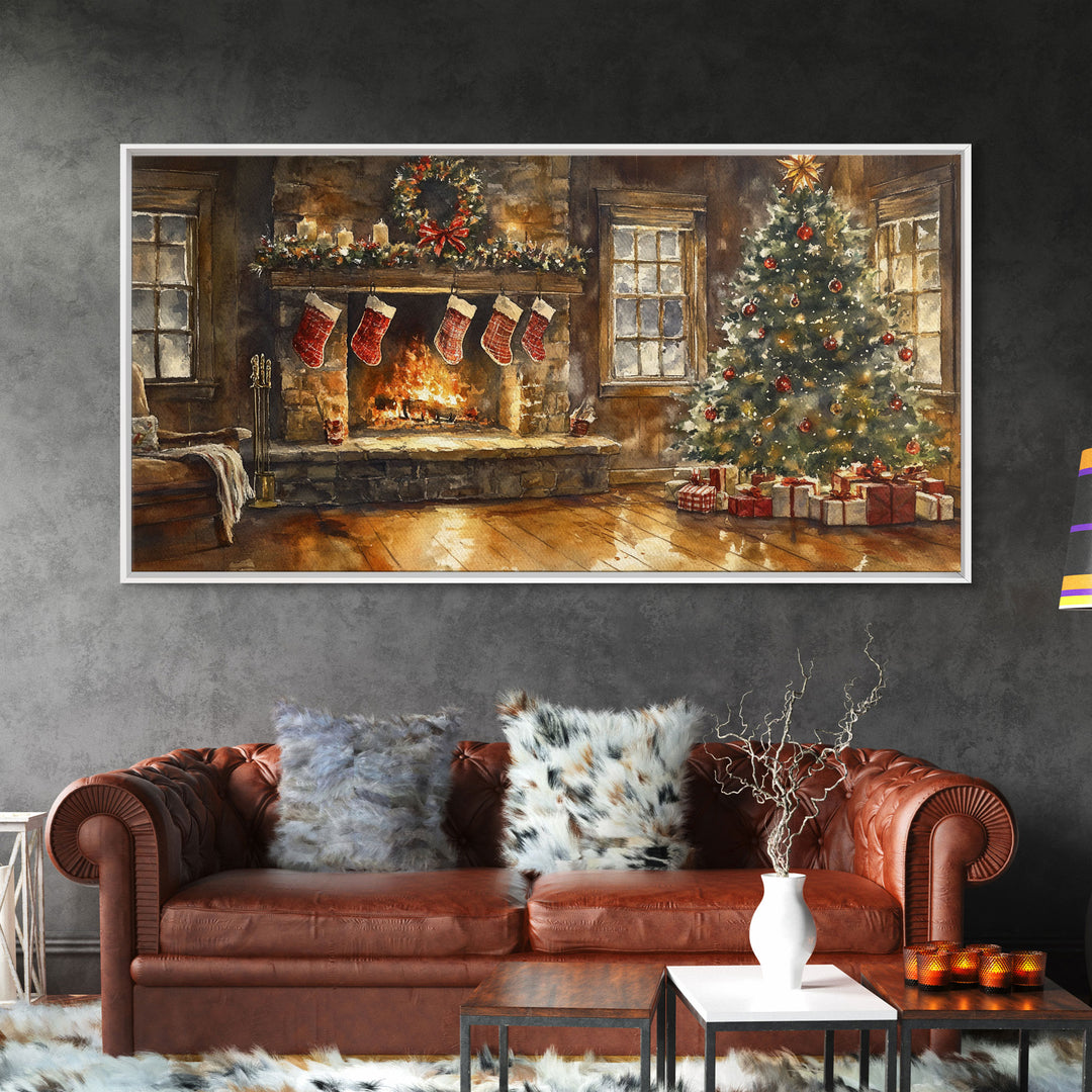 Cozy Christmas living room with stockings, Christmas tree, and fireplace, Framed Canvas Print for holiday wall art vintage Christmas decor