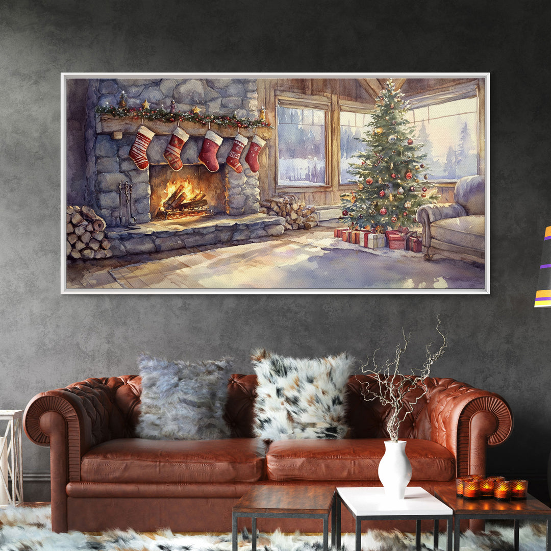 Snowy cabin lake scene at dusk with Christmas lights, Framed Canvas Print with a warm cabin glow, for winter wall art Christmas home decor