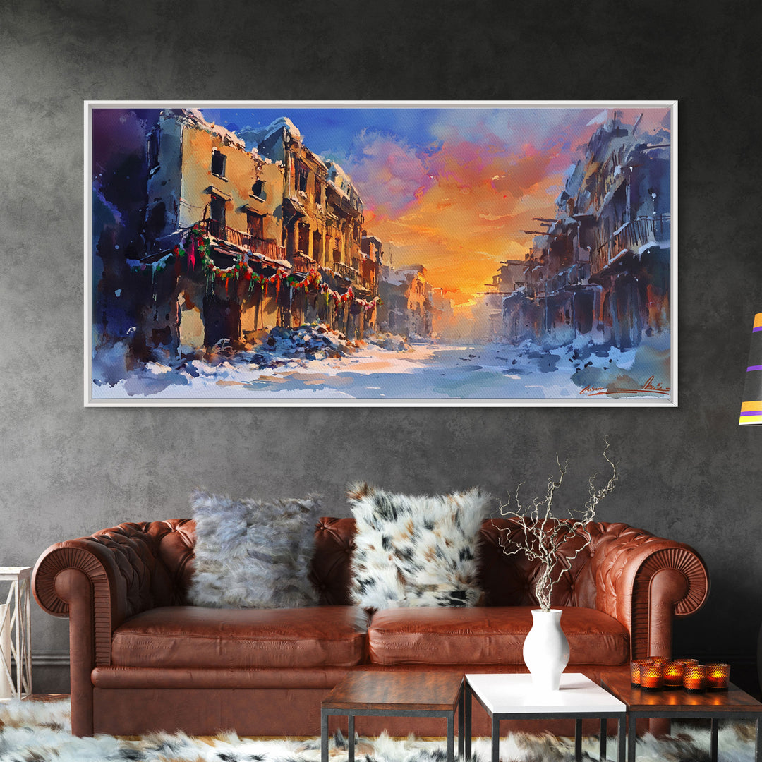 Snowy abandoned street at sunset with festive garland, framed canvas print, moody landscape Christmas or holiday decor