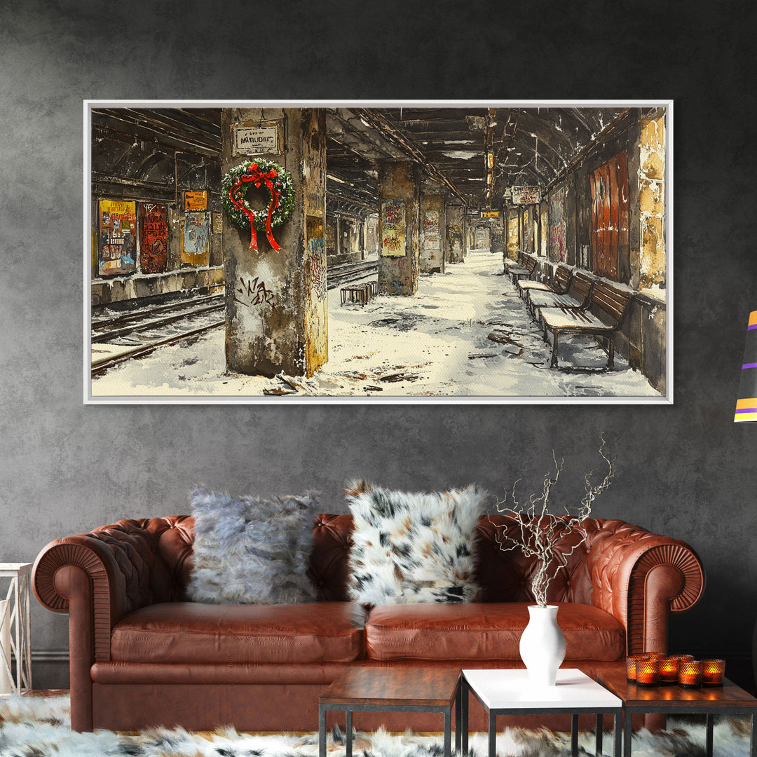 Underground subway station winter scene framed canvas print, snowy platform with festive wreath and urban decay, Christmas display