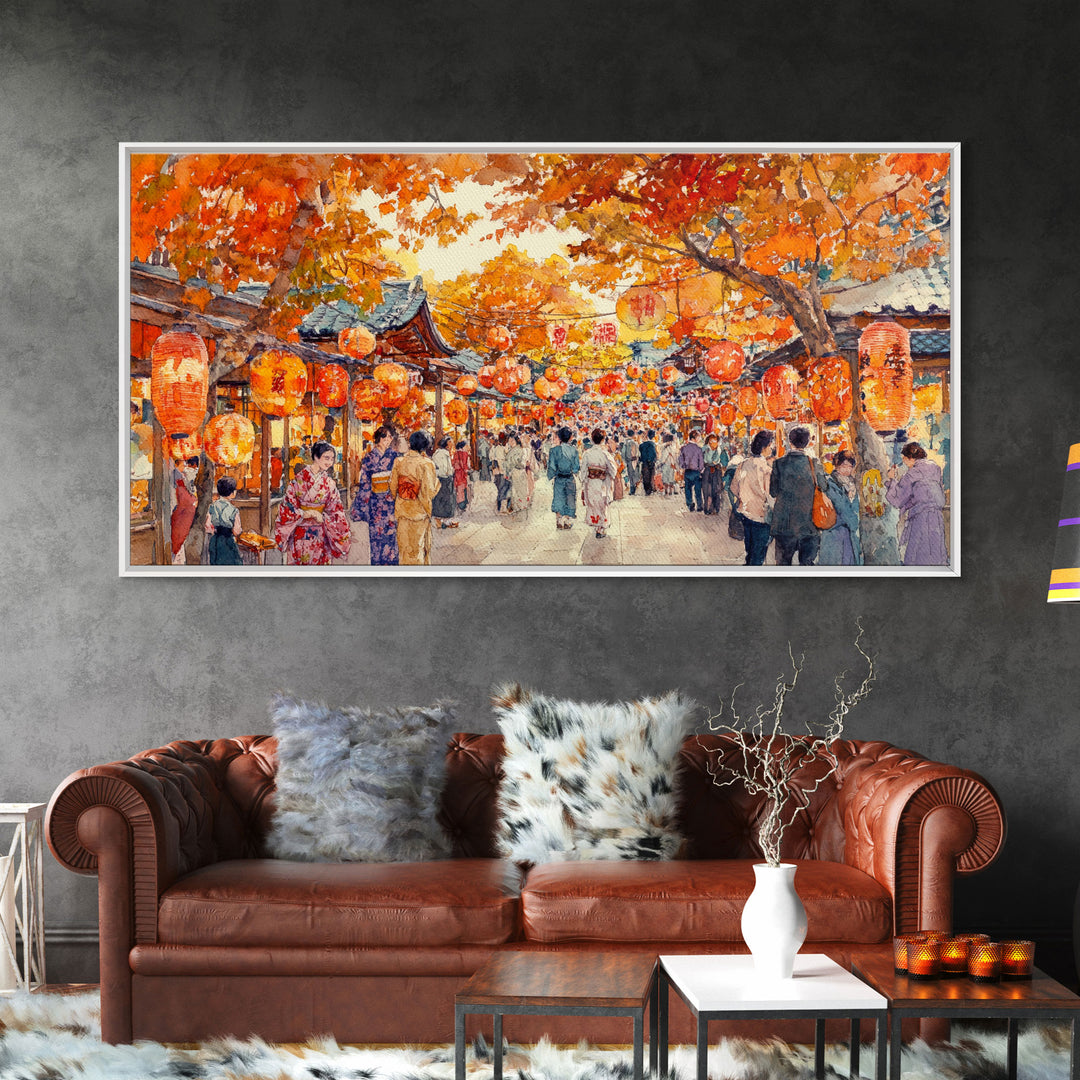 Vibrant fall market street scene with lanterns and people, framed canvas print, perfect autumn or fall festival decor wall art