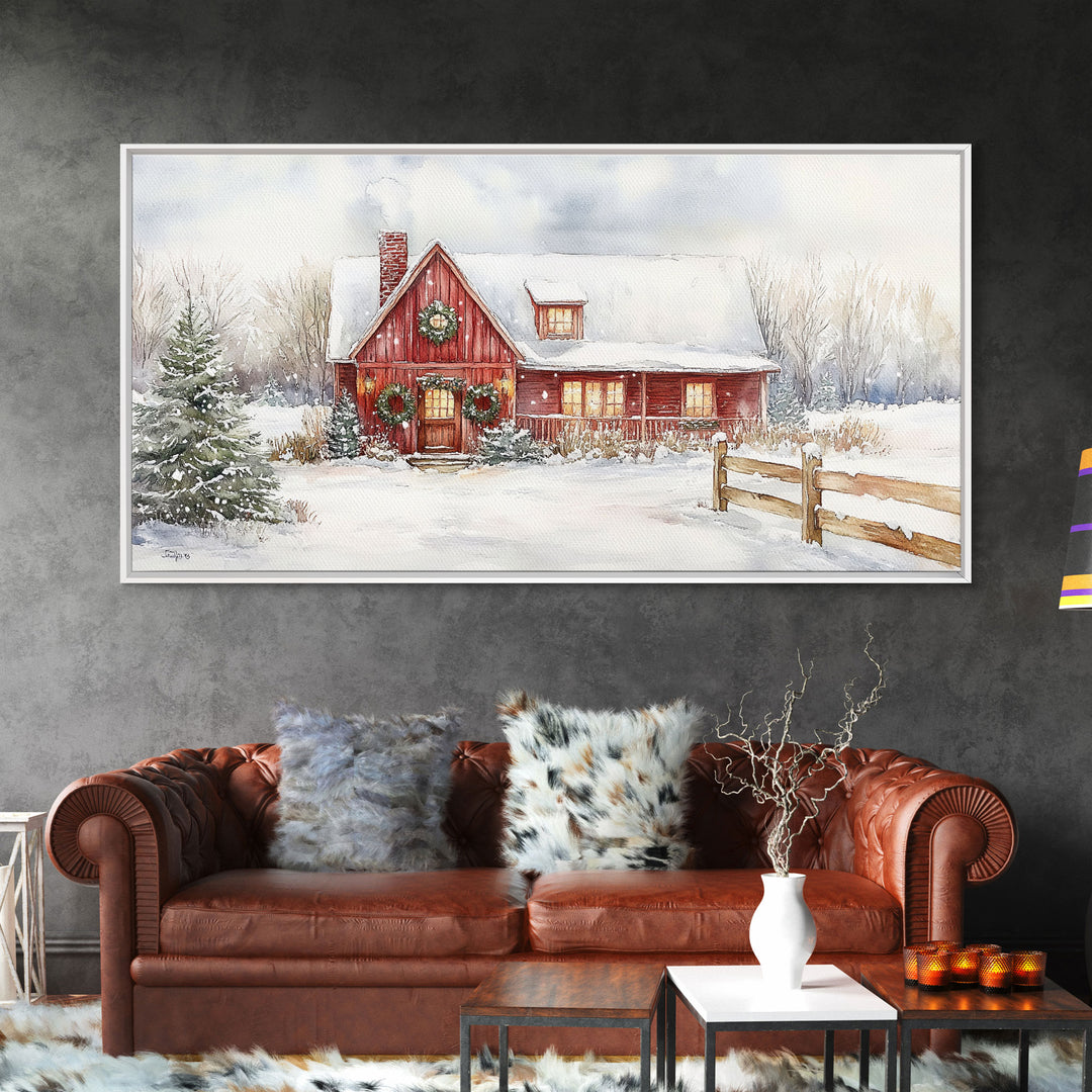 Snowy red farmhouse with wreaths and holiday lights, framed canvas print, perfect Christmas holiday decor or winter wall art display